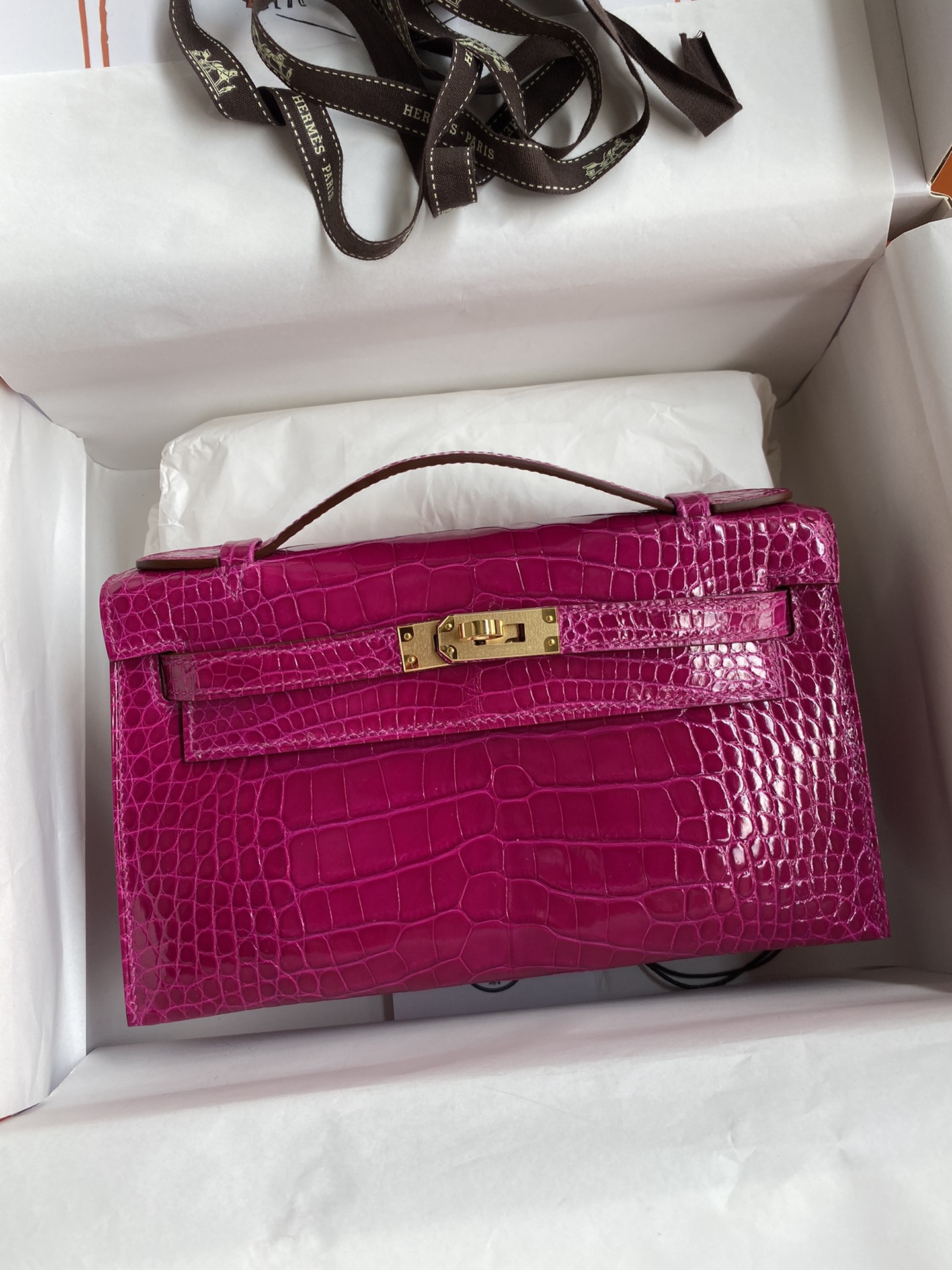 Hermes Mini Kelly Pochette 22cm Bag In Purple Shiny Alligator Leather